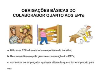 OBRIGAÇÕES BÁSICAS DO
COLABORADOR QUANTO AOS EPI’s
a. Utilizar os EPI's durante todo o expediente de trabalho;
b. Responsabilizar-se pela guarda e conservação dos EPI's;
c. comunicar ao empregador qualquer alteração que o torne improprio para
uso.
 