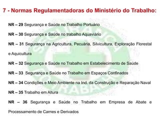 NR – 29 Segurança e Saúde no Trabalho Portuário
NR – 30 Segurança e Saúde no trabalho Aquaviário
NR – 31 Segurança na Agricultura, Pecuária, Silvicultura, Exploração Florestal
e Aquicultura
NR – 32 Segurança e Saúde no Trabalho em Estabelecimento de Saúde
NR – 33 Segurança e Saúde no Trabalho em Espaços Confinados
NR – 34 Condições e Meio Ambiente na Ind. da Construção e Reparação Naval
NR – 35 Trabalho em Altura
NR – 36 Segurança e Saúde no Trabalho em Empresa de Abate e
Processamento de Carnes e Derivados
7 - Normas Regulamentadoras do Ministério do Trabalho:
 