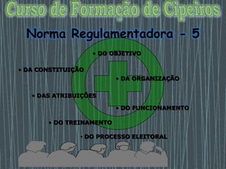 Norma Regulamentadora - 5
• DO OBJETIVO
• DA ORGANIZAÇÃO
• DA CONSTITUIÇÃO
• DAS ATRIBUIÇÕES
• DO TREINAMENTO
• DO FUNCIONAMENTO
• DO PROCESSO ELEITORAL
 
