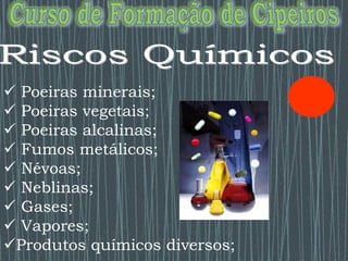  Poeiras minerais;
 Poeiras vegetais;
 Poeiras alcalinas;
 Fumos metálicos;
 Névoas;
 Neblinas;
 Gases;
 Vapores;
Produtos químicos diversos;
 