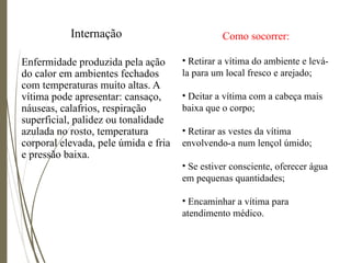 Internação
Enfermidade produzida pela ação
do calor em ambientes fechados
com temperaturas muito altas. A
vítima pode apresentar: cansaço,
náuseas, calafrios, respiração
superficial, palidez ou tonalidade
azulada no rosto, temperatura
corporal elevada, pele úmida e fria
e pressão baixa.
Como socorrer:
• Retirar a vítima do ambiente e levá-
la para um local fresco e arejado;
• Deitar a vítima com a cabeça mais
baixa que o corpo;
• Retirar as vestes da vítima
envolvendo-a num lençol úmido;
• Se estiver consciente, oferecer água
em pequenas quantidades;
• Encaminhar a vítima para
atendimento médico.
 