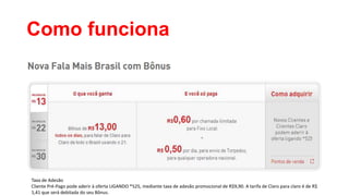 Como funciona

Taxa de Adesão
Cliente Pré-Pago pode aderir à oferta LIGANDO *525, mediante taxa de adesão promocional de R$9,90. A tarifa de Claro para claro é de R$
1,41 que será debitada do seu Bônus.

 