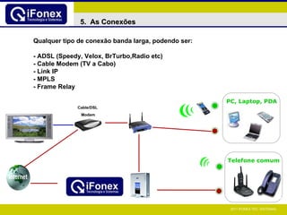 Telefone comum Cable/DSL  Modem 5.  As Conexões Qualquer tipo de conexão banda larga, podendo ser: - ADSL (Speedy, Velox, BrTurbo,Radio etc) - Cable Modem (TV a Cabo) - Link IP - MPLS - Frame Relay PC, Laptop, PDA 