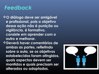 Feedback
O diálogo deve ser amigável
e profissional, pois o objetivo
dessa ação não é punição ou
vigilância, é formativo,
consiste em aprender com o
outro e melhorar.
Deverá haver comentários de
ambas as partes, refletindo
sobre a aula, se os objetivos
estabelecidos foram atingidos,
quais aspectos devem ser
mantidos e quais precisam ser
alterados ou adaptados.
 