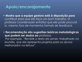 • Mostra que a equipe gestora está à disposição para
contribuir para que ele faça um bom trabalho. O
professor coordenador enfatiza que ele pode procurá-
lo, mesmo fora de momentos formais de feedback.
• Recomendação são sugestões teóricas metodológicas
que podem ser dadas ao professor.
Por exemplo, “Revisite o texto da Lerner, trabalhado na
reunião, que ela apresenta projetos para os alunos
melhorarem na leitura”.
Apoio/encorajamento
 