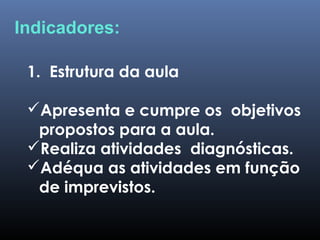 1. Estrutura da aula
Apresenta e cumpre os objetivos
propostos para a aula.
Realiza atividades diagnósticas.
Adéqua as atividades em função
de imprevistos.
Indicadores:
 