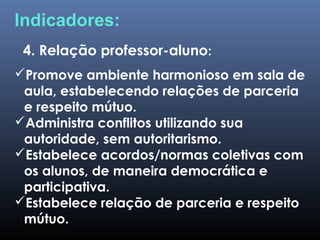 Promove ambiente harmonioso em sala de
aula, estabelecendo relações de parceria
e respeito mútuo.
Administra conflitos utilizando sua
autoridade, sem autoritarismo.
Estabelece acordos/normas coletivas com
os alunos, de maneira democrática e
participativa.
Estabelece relação de parceria e respeito
mútuo.
4. Relação professor-aluno:
Indicadores:
 