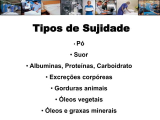 Tipos de Sujidade
               • Pó

              • Suor
• Albuminas, Proteínas, Carboidrato
      • Excreções corpóreas
        • Gorduras animais
         • Óleos vegetais
     • Óleos e graxas minerais
 