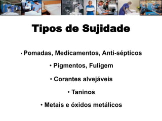 Tipos de Sujidade

• Pomadas,   Medicamentos, Anti-sépticos

        • Pigmentos, Fuligem

         • Corantes alvejáveis

                • Taninos

      • Metais e óxidos metálicos
 