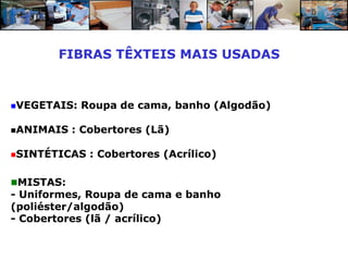 FIBRAS TÊXTEIS MAIS USADAS


VEGETAIS:   Roupa de cama, banho (Algodão)

ANIMAIS   : Cobertores (Lã)

SINTÉTICAS   : Cobertores (Acrílico)

MISTAS:
- Uniformes, Roupa de cama e banho
(poliéster/algodão)
- Cobertores (lã / acrílico)
 