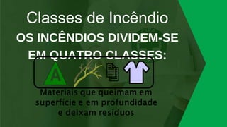 Classes de Incêndio
OS INCÊNDIOS DIVIDEM-SE
EM QUATRO CLASSES:
 