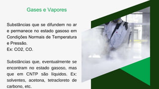 Substâncias que se difundem no ar
e permanece no estado gasoso em
Condições Normais de Temperatura
e Pressão.
Ex: CO2, CO.
Substâncias que, eventualmente se
encontram no estado gasoso, mas
que em CNTP são líquidos. Ex:
solventes, acetona, tetracloreto de
carbono, etc.
Gases e Vapores
 