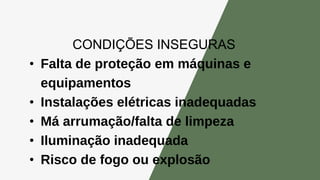 CONDIÇÕES INSEGURAS
• Falta de proteção em máquinas e
equipamentos
• Instalações elétricas inadequadas
• Má arrumação/falta de limpeza
• Iluminação inadequada
• Risco de fogo ou explosão
 