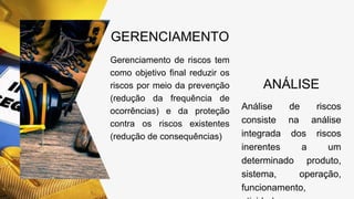 GERENCIAMENTO
Gerenciamento de riscos tem
como objetivo final reduzir os
riscos por meio da prevenção
(redução da frequência de
ocorrências) e da proteção
contra os riscos existentes
(redução de consequências)
ANÁLISE
Análise de riscos
consiste na análise
integrada dos riscos
inerentes a um
determinado produto,
sistema, operação,
funcionamento,
 