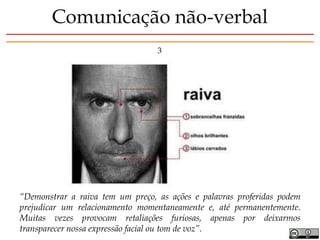 3
“Demonstrar a raiva tem um preço, as ações e palavras proferidas podem
prejudicar um relacionamento momentaneamente e, até permanentemente.
Muitas vezes provocam retaliações furiosas, apenas por deixarmos
transparecer nossa expressão facial ou tom de voz”.
Comunicação não-verbal
 
