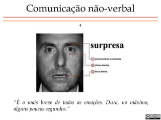 4
“É a mais breve de todas as emoções. Dura, no máximo,
alguns poucos segundos.”
Comunicação não-verbal
 