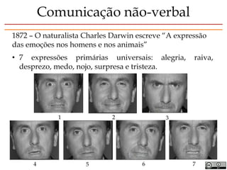 1872 – O naturalista Charles Darwin escreve “A expressão
das emoções nos homens e nos animais”
• 7 expressões primárias universais: alegria, raiva,
desprezo, medo, nojo, surpresa e tristeza.
1 2 3
4 5 6 7
Comunicação não-verbal
 