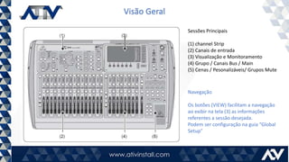 Visão Geral
Sessões Principais
(1) channel Strip
(2) Canais de entrada
(3) Visualização e Monitoramento
(4) Grupo / Canais Bus / Main
(5) Cenas / Pesonalizáveis/ Grupos Mute
Navegação
Os botões (VIEW) facilitam a navegação
ao exibir na tela (3) as informações
referentes a sessão desejada.
Podem ser configuração na guia “Global
Setup”
 