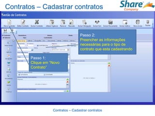 Contratos – Cadastrar contratos


                                    Passo 2:
                                    Preencher as informações
                                    necessárias para o tipo de
                                    contrato que esta cadastrando

        Passo 1:
        Clique em “Novo
        Contrato”




                   Contratos – Cadastrar contratos
 