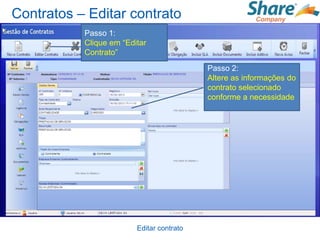 Contratos – Editar contrato
           Passo 1:
           Clique em “Editar
           Contrato”
                                           Passo 2:
                                           Altere as informações do
                                           contrato selecionado
                                           conforme a necessidade




                         Editar contrato
 