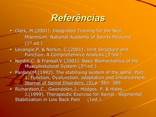 Referências
Clark, M.(2001). Integrated Training for the New
    Milennium. National Academy of Sports Medicine
    (1st ed.).
Levangie,P. & Norkin, C.(2001). Joint Structure and
    Function. A Comprehensive Analysis (3rded.)
Nordin,C. & Frankel,V.(2001). Basic Biomechanics of the
    Musculoskeletal System (3rd.ed.).
Panjabi,M.(1992). The stabilising system of the spine. Part
    1. Function, Dysfunction, adaptation and enhancement.
    Journal of Spinal Disorders, (5),p. 383- 389.
Richardson,C., Gwendolen,J., Hodges, P. & Hides,
    J.(1999). Therapeutic Exercise for Spinal Segmental
Stabilization in Low Back Pain   (1ed.).
 