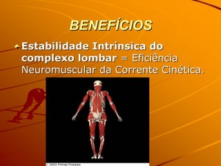 BENEFÍCIOS
Estabilidade Intrínsica do
complexo lombar = Eficiência
Neuromuscular da Corrente Cinética.
 