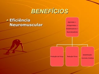 BENEFÍCIOS
Eficiência                            Agonistas +

Neuromuscular                       Antagonistas +

                                    Estabilizadores +

                                    Neutralizadores




                                                         Estabilização
                Produção de Força    Redução Forca
                                                        Corrente Cinética
 