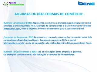 Business to Consumer ( B2C) Representa o comércio e transações comerciais entre uma
empresa e um consumidor final. Exemplo de comércio B2C é o E-commerce da varejista
Americanas.com, onde o objetivo é vender diretamente para o consumidor final.
Consumer to Consumer ( C2C) Representa o comércio e transações comerciais entre dois
consumidores finais (pessoa física). Exemplo de comércio C2C é o portal
Mercadolivre.com.br , onde as transações são realizadas entre dois consumidores finais.
Business to Governement ( B2G) São as transações entre empresa e governo.
Os exemplos comuns de B2G são licitações e compras de fornecedores.
ALGUMAS OUTRAS FORMAS DE COMÉRCIO:
 