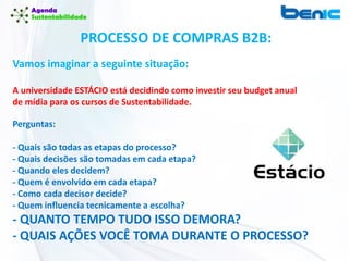 Vamos imaginar a seguinte situação:
A universidade ESTÁCIO está decidindo como investir seu budget anual
de mídia para os cursos de Sustentabilidade.
Perguntas:
- Quais são todas as etapas do processo?
- Quais decisões são tomadas em cada etapa?
- Quando eles decidem?
- Quem é envolvido em cada etapa?
- Como cada decisor decide?
- Quem influencia tecnicamente a escolha?
- QUANTO TEMPO TUDO ISSO DEMORA?
- QUAIS AÇÕES VOCÊ TOMA DURANTE O PROCESSO?
PROCESSO DE COMPRAS B2B:
 