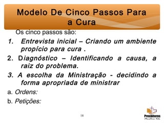 18
Modelo De Cinco Passos Para
a Cura
Os cinco passos são:
1. Entrevista inicial – Criando um ambiente
propício para cura .
2. Diagnóstico – Identificando a causa, a
raiz do problema.
3. A escolha da Ministração - decidindo a
forma apropriada de ministrar
a. Ordens:
b. Petições:
 