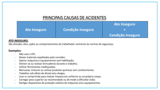 PRINCIPAIS CAUSAS DE ACIDENTES
Ato Inseguro Condição Insegura
Ato Inseguro
+
Condição Insegura
ATO INSEGURO:
São atitudes, atos, ações ou comportamentos do trabalhador contrários às normas de segurança.
Exemplos:
 Não usar o EPI;
 Deixar materiais espalhados pelo corredor;
 Operar máquinas e equipamentos sem habilitação;
 Distrair-se ou realizar brincadeiras durante o trabalho;
 Utilizar ferramentas inadequadas;
 Manusear, misturar ou utilizar produtos químicos sem conhecimento;
 Trabalhar sob efeito de álcool e/ou drogas;
 Usar ar comprimido para realizar limpeza em uniforme ou no próprio corpo;
 Carregar peso superior ao recomendado ou de modo a dificultar visão;
 Desligar dispositivos de proteção coletiva de máquinas e/ou equipamentos.
 