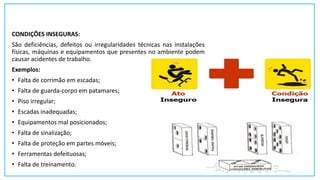 CONDIÇÕES INSEGURAS:
São deficiências, defeitos ou irregularidades técnicas nas instalações
físicas, máquinas e equipamentos que presentes no ambiente podem
causar acidentes de trabalho.
Exemplos:
• Falta de corrimão em escadas;
• Falta de guarda-corpo em patamares;
• Piso irregular;
• Escadas inadequadas;
• Equipamentos mal posicionados;
• Falta de sinalização;
• Falta de proteção em partes móveis;
• Ferramentas defeituosas;
• Falta de treinamento.
 
