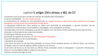 capítulo V, artigos 158 e alíneas, e 482, da CLT
Constituem justa causa para rescisão do contrato de trabalho pelo empregador:
a) ato de improbidade; ex. furto, fraude, extorsão.
b) incontinência de conduta ou mau procedimento; ex. posição hierárquica superior para atingir ilicitamente seus desejos
desregrados e imorais perante seus subordinados, Assédio Sexual.
c) negociação habitual por conta própria ou alheia sem permissão do empregador, e quando constituir ato de
concorrência à empresa para a qual trabalha o empregado, ou for prejudicial ao serviço;
d) condenação criminal do empregado, passada em julgado, caso não tenha havido suspensão da execução da pena;
e) desídia no desempenho das respectivas funções;
f) embriaguez habitual ou em serviço;
g) violação de segredo da empresa; ex. sem autorização do empregador.
h) ato de indisciplina ou de insubordinação;
i) abandono de emprego;
j) ato lesivo da honra ou da boa fama praticado no serviço contra qualquer pessoa, ou ofensas físicas, nas mesmas
condições, salvo em caso de legítima defesa, própria ou de outrem;
k) ato lesivo da honra ou da boa fama ou ofensas físicas praticadas contra o empregador e superiores hierárquicos,
salvo em caso de legítima defesa, própria ou de outrem;
l) prática constante de jogos de azar.
 