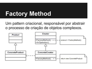 Factory Method
Um pattern criacional, responsável por abstrair
o processo de criação de objetos complexos.
 