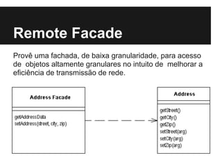 Remote Facade
Provê uma fachada, de baixa granularidade, para acesso
de objetos altamente granulares no intuito de melhorar a
eficiência de transmissão de rede.
 