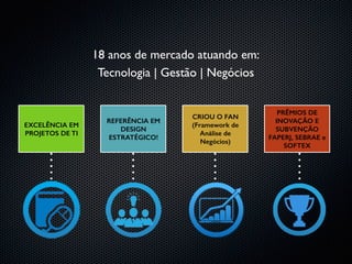 18 anos de mercado atuando em:
Tecnologia | Gestão | Negócios
REFERÊNCIA EM
DESIGN
ESTRATÉGICO!
CRIOU O FAN
(Framework de
Análise de
Negócios)
PRÊMIOS DE
INOVAÇÃO E
SUBVENÇÃO
FAPERJ, SEBRAE e
SOFTEX
EXCELÊNCIA EM
PROJETOS DE TI
 