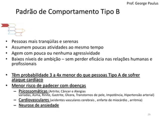 Prof. George PaulusPadrão de Comportamento Tipo BPessoas mais tranqüilas e serenasAssumem poucas atividades ao mesmo tempoAgem com pouca ou nenhuma agressividadeBaixos níveis de ambição – sem perder eficácia nas relações humanas e profissionaisTêm probabilidade 3 a 4x menor do que pessoas Tipo A de sofrer ataque cardíacoMenor risco de padecer com doençasPsicossomáticas (Artrite; Câncer e Alergias variadas, Asma, Rinite, Gastrite, Úlcera, Transtornos de pele, Impotência, Hipertensão arterial)Cardiovasculares (acidentes vasculares cerebrais , enfarte de miocárdio , arritmia)Neurose de ansiedade29