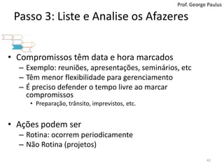 Prof. George PaulusPasso 3: Liste e Analise os AfazeresCompromissos têm data e hora marcadosExemplo: reuniões, apresentações, seminários, etcTêm menor flexibilidade para gerenciamentoÉ preciso defender o tempo livre ao marcar compromissosPreparação, trânsito, imprevistos, etc.Ações podem serRotina: ocorrem periodicamenteNão Rotina (projetos)42