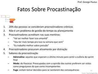 FatosSobreProcastinaçãoProf. George Paulus20% das pessoas se consideramprocrastinadorescrônicosNão é um problema de gestão do tempo ouplanejamentoProcrastinadoresacreditamnassuasmentiras:“Vaisermelhorfazerissoamanhã”“Voutermais tempo praissonasemanaquevem”“Eutrabalhomelhorsobrepressão”ProcrastinadoresprocuramativamentepordistraçãoSaboresda procrastinaçãoAdrenalina: aquelesqueesperam o últimominutoparasentir a euforia do sprint finalMedo: do fracasso. Preocupados com a opinião dos outros preferemservistoscomopreguiçosos do quecomoincompetentesFuga: evitamtomardecisõespara se isentarem das consequênciasFonte: Psychologytoday57