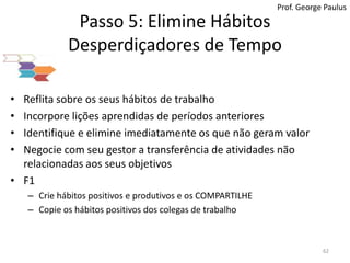 Passo 5: Elimine Hábitos Desperdiçadores de TempoProf. George PaulusReflita sobre os seus hábitos de trabalhoIncorpore lições aprendidas de períodos anterioresIdentifique e elimine imediatamente os que não geram valorNegocie com seu gestor a transferência de atividades não relacionadas aos seus objetivosF1Crie hábitos positivos e produtivos e os COMPARTILHECopieoshábitospositivos dos colegasde trabalho62