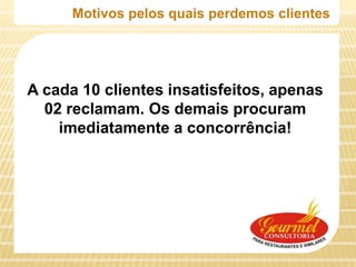 Motivos pelos quais perdemos clientes




A cada 10 clientes insatisfeitos, apenas
  02 reclamam. Os demais procuram
    imediatamente a concorrência!
 