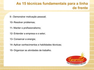 As 15 técnicas fundamentais para a linha
                                    de frente

9 - Demonstrar motivação pessoal;

10- Resolver problemas;

11- Manter o profissionalismo;

12- Entender a empresa e o setor;

13- Conservar a energia;

14- Aplicar conhecimentos e habilidades técnicas;

15- Organizar as atividades de trabalho.
 