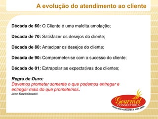 A evolução do atendimento ao cliente


Década de 60: O Cliente é uma maldita amolação;

Década de 70: Satisfazer os desejos do cliente;

Década de 80: Antecipar os desejos do cliente;

Década de 90: Comprometer-se com o sucesso do cliente;

Década de 01: Extrapolar as expectativas dos clientes;

Regra de Ouro:
Devemos prometer somente o que podemos entregar e
entregar mais do que prometemos.
Jean Rozwadowski
 