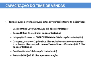 CAPACITAÇÃO DO TIME DE VENDAS


• Toda a equipe de vendas deverá estar devidamente treinada e aprovada:

    – Básico Online CORPORATIVA (1 dia após contratação)
    – Básico Online Oi (até 2 dias após contratação)
    – Integração Presencial CORPORATIVA (até 10 dias após contratação)
    – Carrapato, sendo os 2 primeiros dias exclusivamente com supervisor
      e os demais dias com pelo menos 2 consultores diferentes (até 5 dias
      após contratação)
    – Bonificação (até 10 dias após contratação)
    – Presencial Oi (até 30 dias após contratação)
 