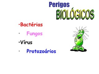 •Bactérias
• Fungos
•Vírus
• Protozoários
Perigos
 