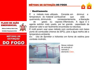 MÉTODO DE EXTINÇÃO  DO FOGO Resfriamento É  o  método mais utilizado.  Consiste em  diminuir  a  temperatura  do material combustível  que  está  queimando, diminuindo,  conseqüentemente,  a liberação  de  gases  ou  vapores inflamáveis.  A  água  é  o agente extintor mais usado, por ter grande  capacidade de absorver calor e ser facilmente encontrada na natureza. É inútil porem usar esse método com combustíveis com baixo ponto de combustão (menos de 20ºC), pois a água resfria até a temperatura ambiente. Ex.:  Uso de Sprinkler e hidrantes em forma de neblina para combate incêndio. Nesse método de extinção é retirada o elemento  Calor . MÉTODO DE EXTINÇÃO DO FOGO 