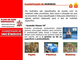 CLASSIFICAÇÃO DE INCÊNDIOS

PLANO DE AÇÃO
EMERGENCIAL
Editora Gráficos Burti Ltda.
Unidade Itaquaquecetuba

CLASSIFICAÇÃO DE

INCÊNDIOS

Os incêndios são classificados de acordo com os
materiais neles envolvidos, bem como a situação em que
se encontram. Essa classificação é feita para determinar o
agente extintor adequado para o tipo de incêndio
específico.
Incêndio Classe “A”
Incêndio envolvendo combustíveis sólidos
comuns, como papel, madeira, pano, borracha.
É caracterizado pelas cinzas e brasas que
deixam como resíduos e por queimar razão do
seu volume, isto é, a queima se dá na
superfície e profundidade.

Papéis

Plásticos

Madeiras

 