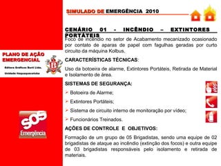 SIMULADO DE EMERGÊNCIA 2010

PLANO DE AÇÃO
EMERGENCIAL
Editora Gráficos Burti Ltda.
Unidade Itaquaquecetuba

CENÁRIO
01
INCÊNDIO
–
EXTINTORES
PORTÁTEIS
Foco de incêndio no setor de Acabamento mecanizado ocasionado
por contato de aparas de papel com fagulhas geradas por curto
circuito da máquina Kolbus.
CARACTERÍSTICAS TÉCNICAS:
Uso da botoeira de alarme, Extintores Portáteis, Retirada de Material
e Isolamento de área.
SISTEMAS DE SEGURANÇA:
 Botoeira de Alarme;
 Extintores Portáteis;
 Sistema de circuito interno de monitoração por vídeo;
 Funcionários Treinados.
AÇÕES DE CONTROLE E OBJETIVOS:
Formação de um grupo de 05 Brigadistas, sendo uma equipe de 02
brigadistas de ataque ao incêndio (extinção dos focos) e outra equipe
de 03 brigadistas responsáveis pelo isolamento e retirada de
materiais.

 