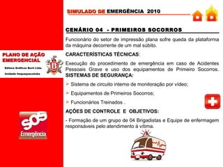 SIMULADO DE EMERGÊNCIA 2010
CENÁRIO 04 - PRIMEIROS SOCORROS
Funcionário do setor de impressão plana sofre queda da plataforma
da máquina decorrente de um mal súbito.
PLANO DE AÇÃO
EMERGENCIAL
Editora Gráficos Burti Ltda.
Unidade Itaquaquecetuba

CARACTERÍSTICAS TÉCNICAS:
Execução do procedimento de emergência em caso de Acidentes
Pessoais Grave e uso dos equipamentos de Primeiro Socorros.
SISTEMAS DE SEGURANÇA:
 Sistema de circuito interno de monitoração por vídeo;
 Equipamentos de Primeiros Socorros;
 Funcionários Treinados .
AÇÕES DE CONTROLE E OBJETIVOS:
- Formação de um grupo de 04 Brigadistas e Equipe de enfermagem
responsáveis pelo atendimento à vítima.

 