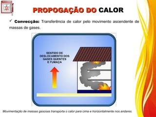 PROPOGAÇÃO DO
PROPOGAÇÃO DO CALOR
CALOR
 Convecção:
Convecção: Transferência de calor pelo movimento ascendente de
massas de gases.
Movimentação de massas gasosas transporta o calor para cima e horizontalmente nos andares.
 